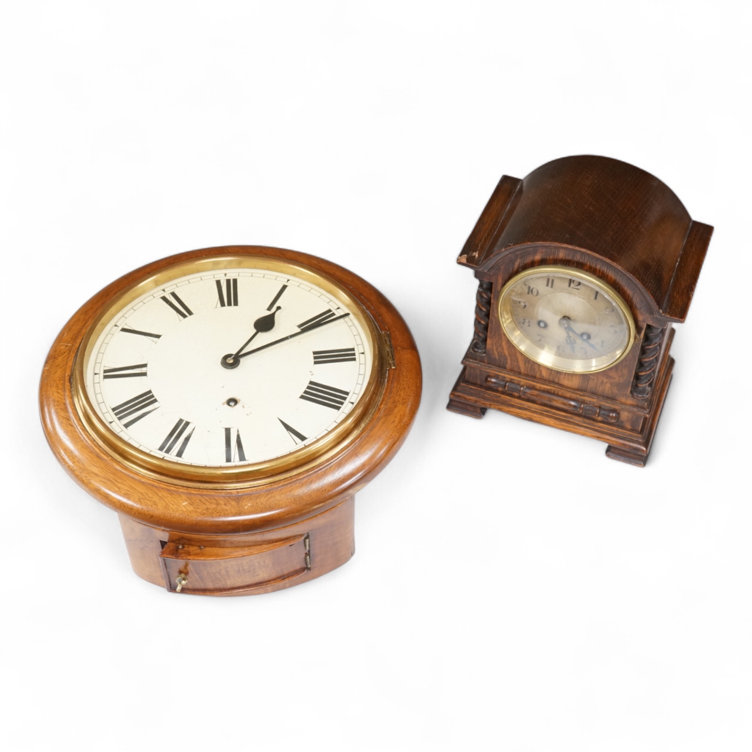 A Mappin & Webb oak mantel clock and dial clock, W & H German movement, dial clock 33cm diameter